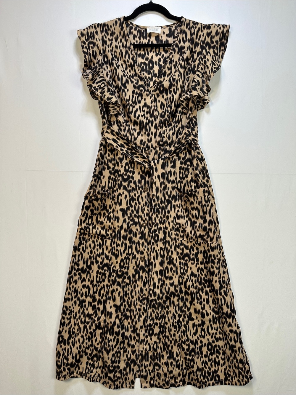 Sienna Sky Leopard Print Faux Wrap Midi Dress Flutter Sleeve Belted M
